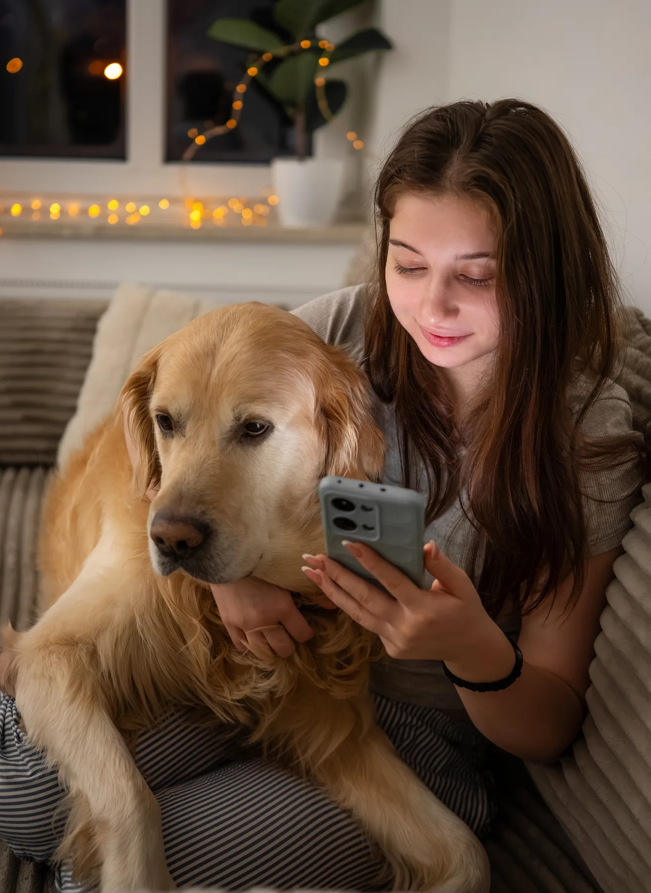 Una dueña habla por teléfono con su perro al lado